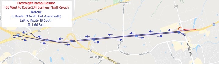 Detour for closure of ramp from I-66W to BUS VA-234NS