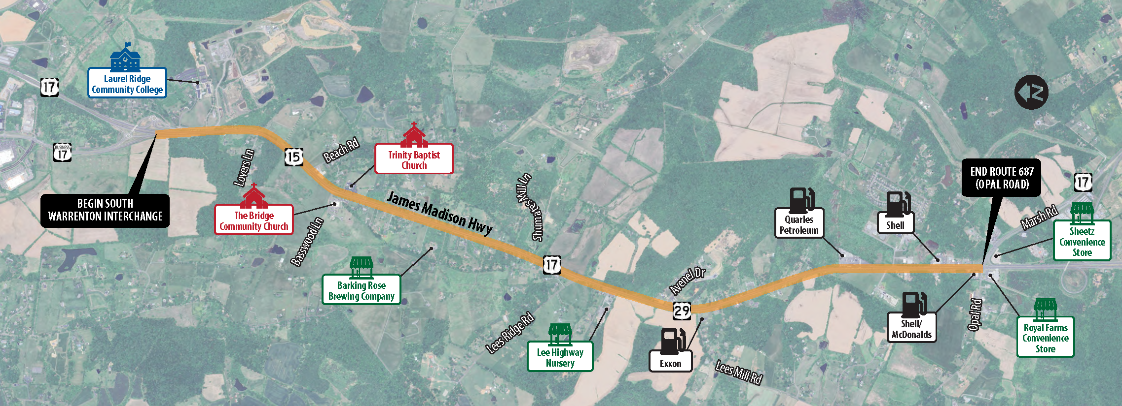 Map of the project study area along U.S. 15/17/29 in Fauquier County, just south of the Town of Warrenton.